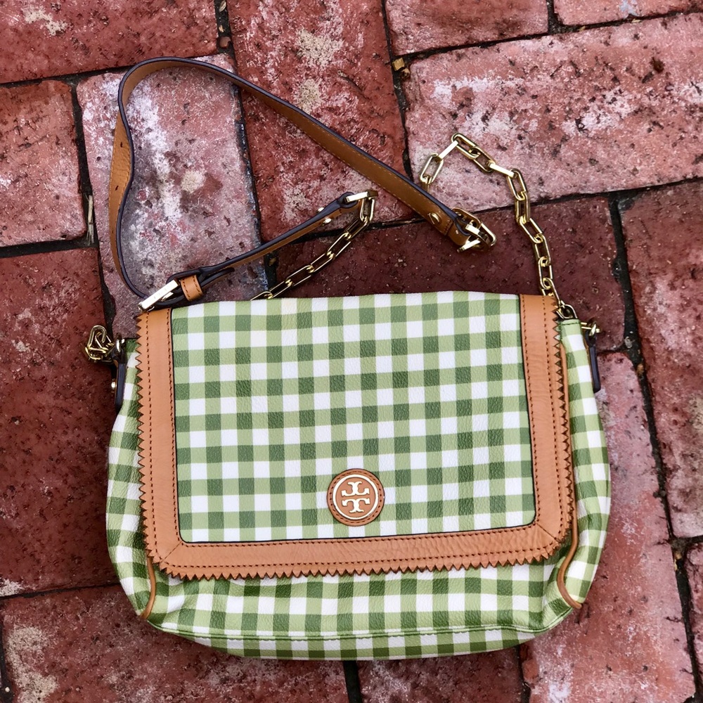 Tory Burch Green and White Checkered Crossbody